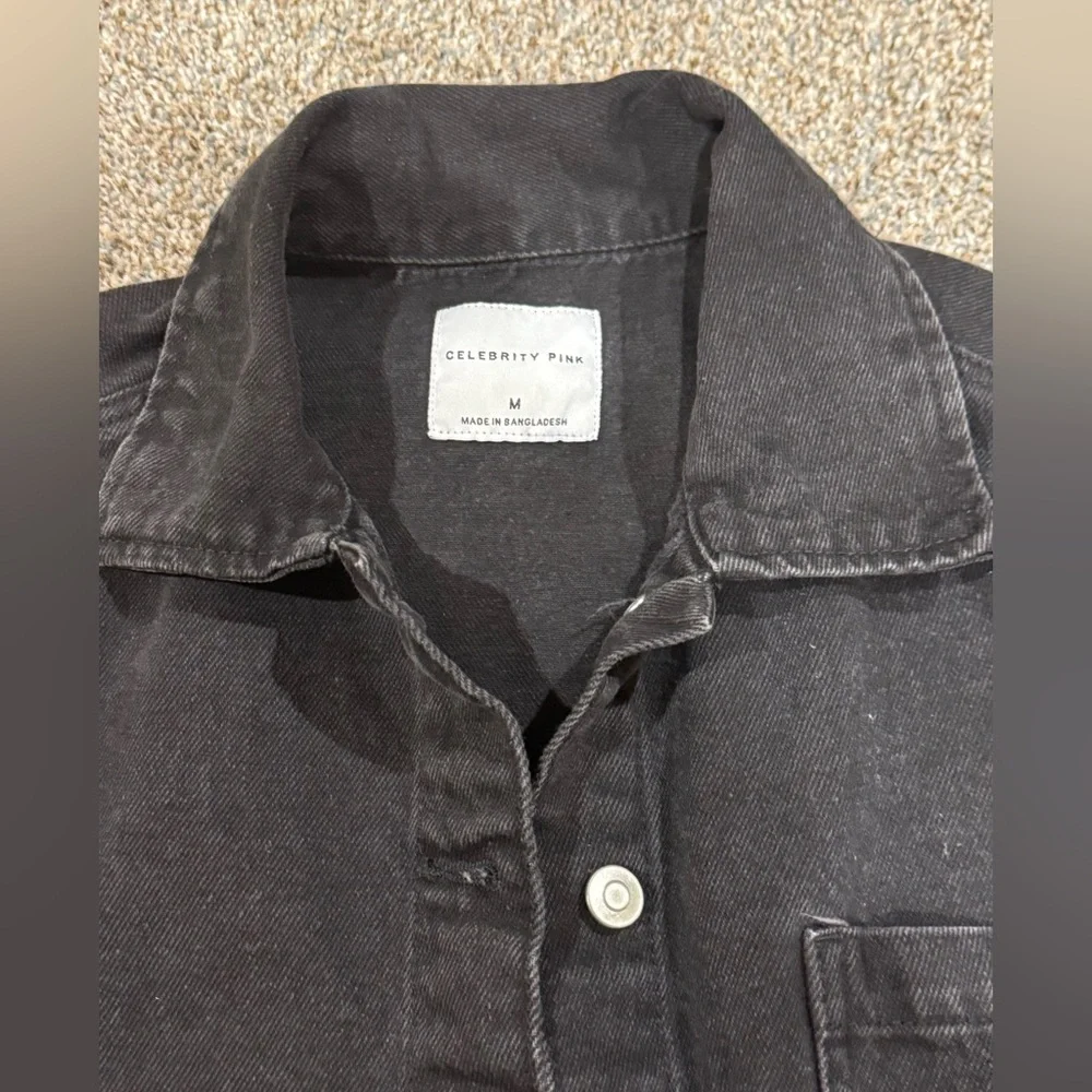 Celebrity Pink: Black Denim Frayed Hem Button-Up Women’s Jacket Size Medium - Picture 2 of 14